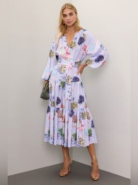 Prabal Gurung Lavender Floral V-Neck Tiered Midi Dress
